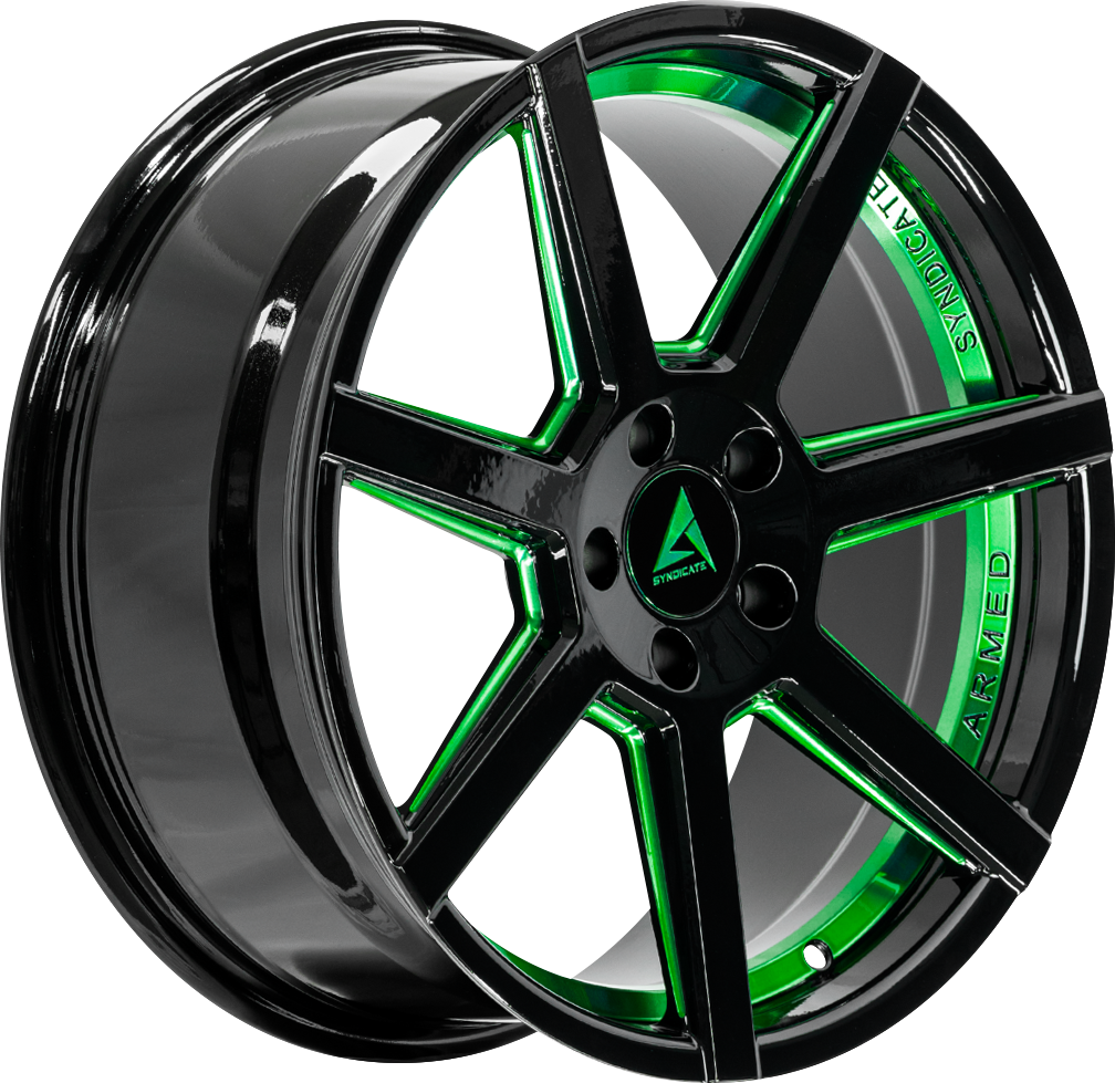 ARMED SYNDICATE ASSASSIN 74.1 18x8 5x108|5x110 35 GLOSS BLACK + GREEN