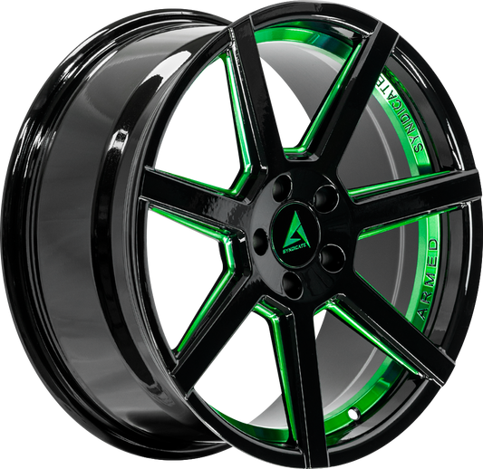 ARMED SYNDICATE ASSASSIN 74.1 18x8 5x112|5x114.3 35 GLOSS BLACK + GREEN